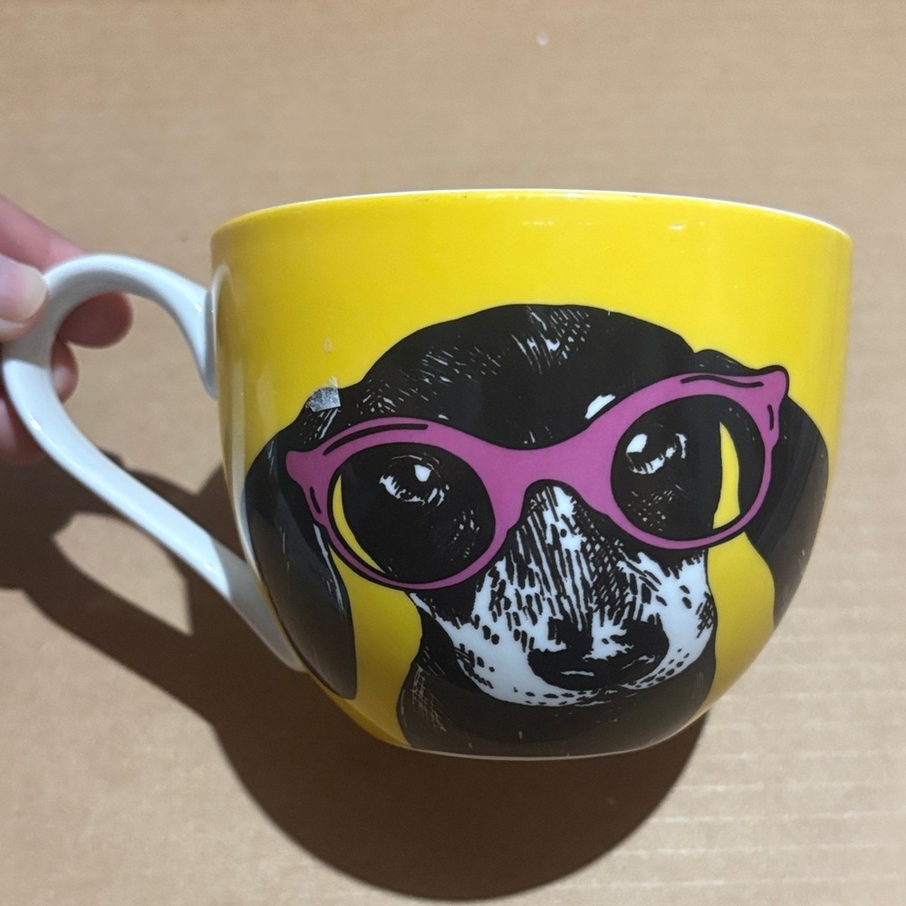 Yellow Dog Mug with Pink Glasses
